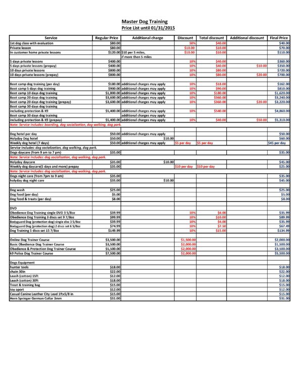 Price List Sheet11 - Royal Dog Academy